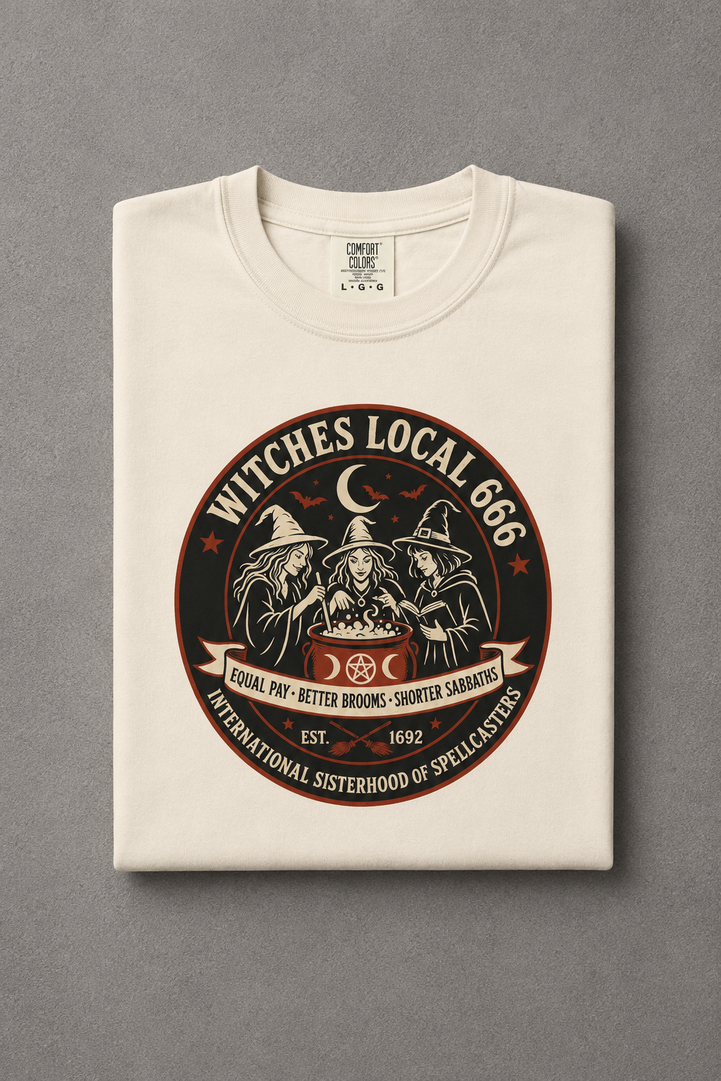 Witches Local 666 t-shirt — Ivory colorway, folded flat lay