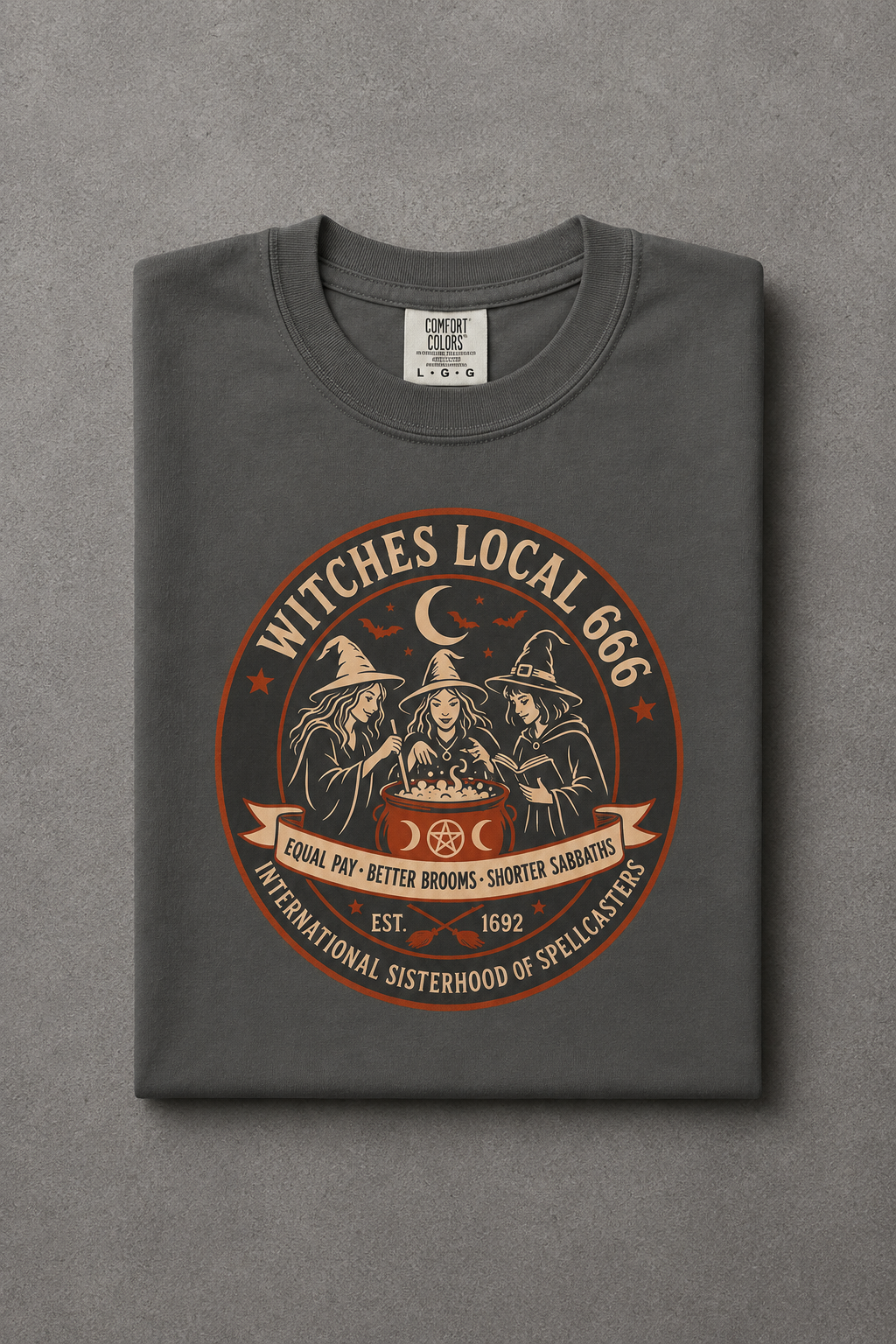 Witches Local 666 t-shirt — Pepper colorway, folded flat lay