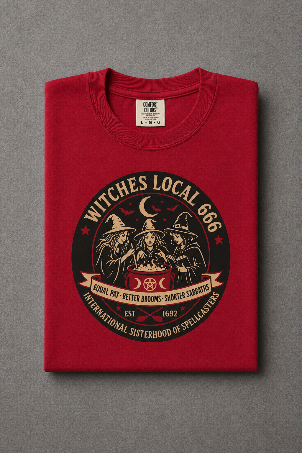 Witches Local 666 t-shirt — Red colorway, folded flat lay