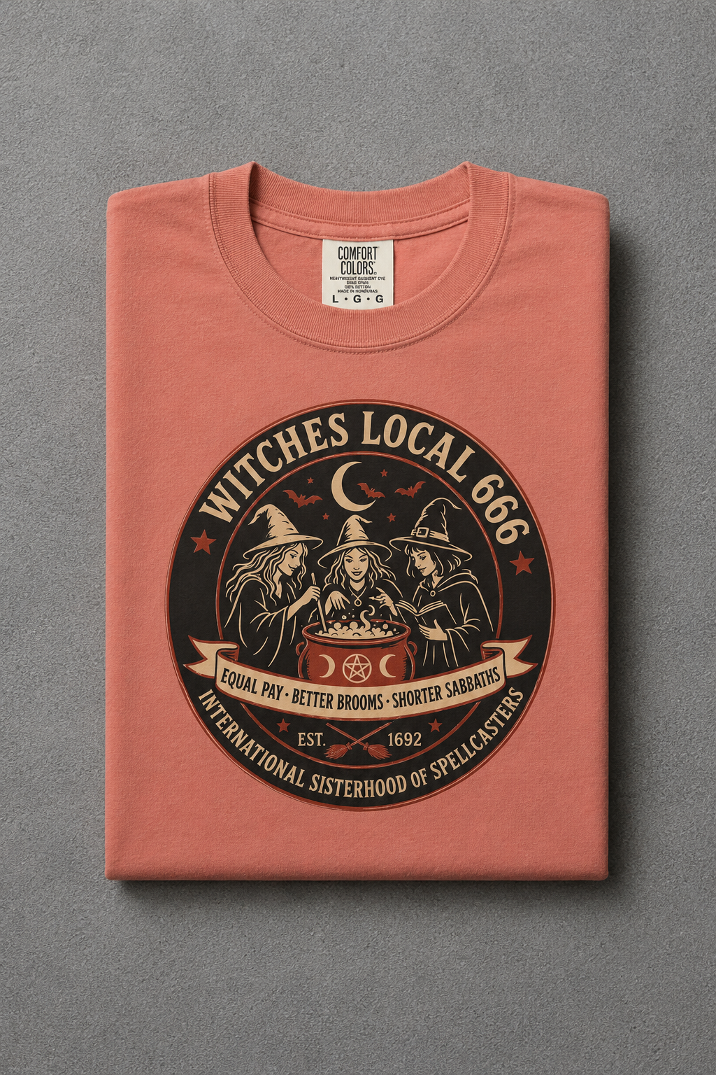 Witches Local 666 t-shirt — Terracota colorway, folded flat lay