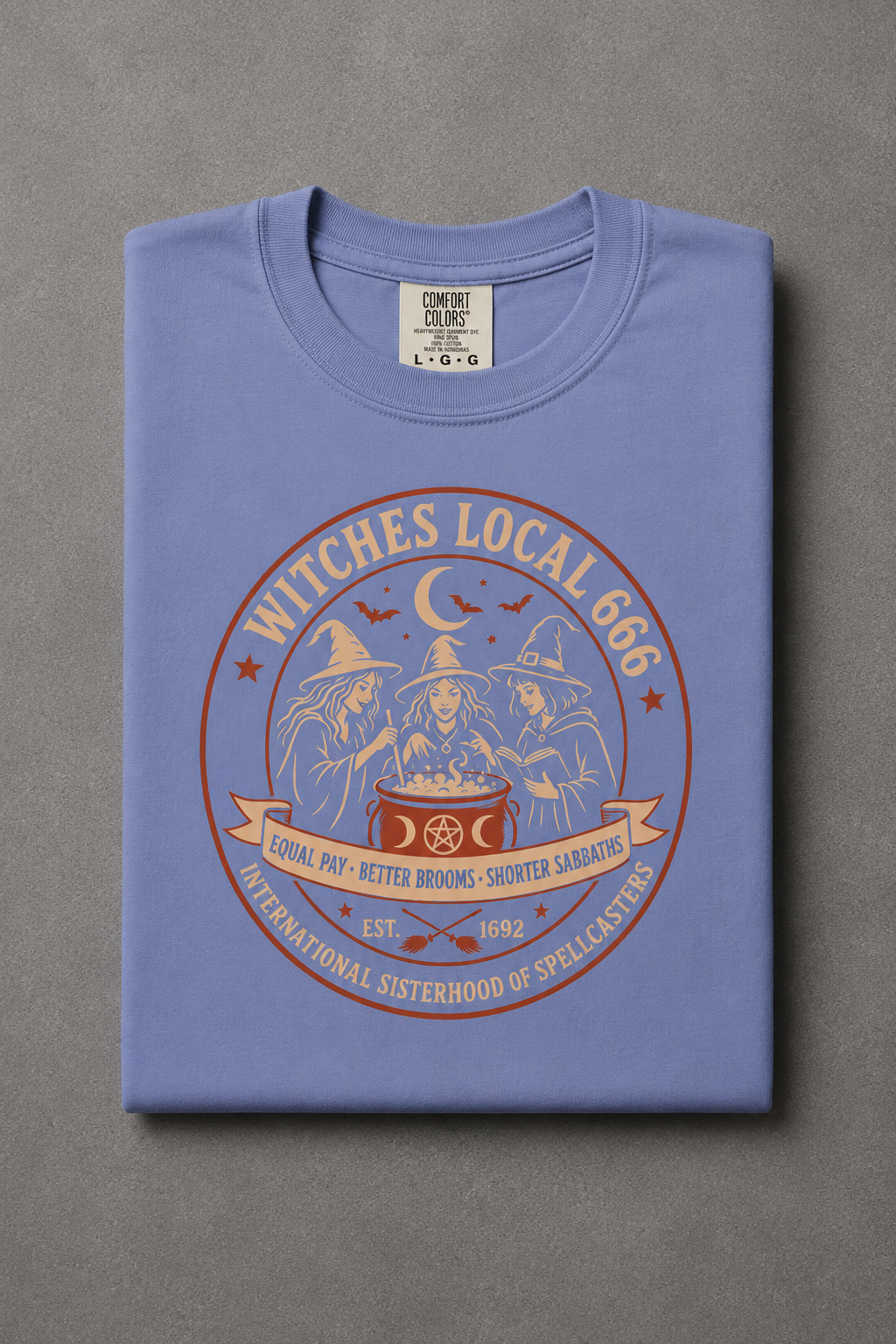 Witches Local 666 t-shirt — Washed Denim colorway, folded flat lay